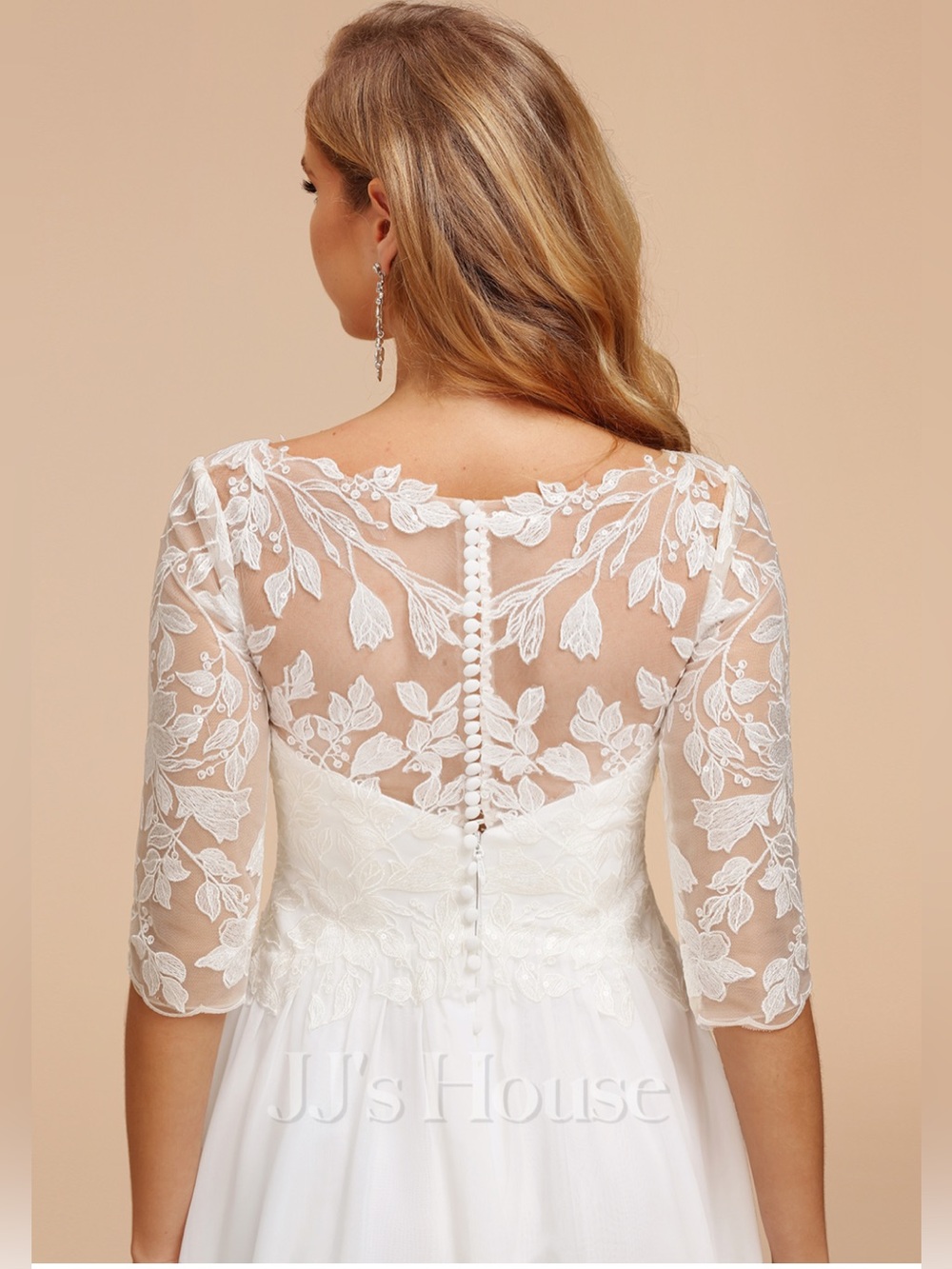 NWT JJ’s House Bridal Chiffon Lace Wedding Dress White 3/4 Sleeve Size 6